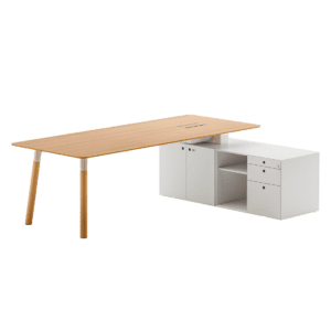 Bureau professionnel WOODS de la marque fantoni avec plateau en placage bois et châssis en acier