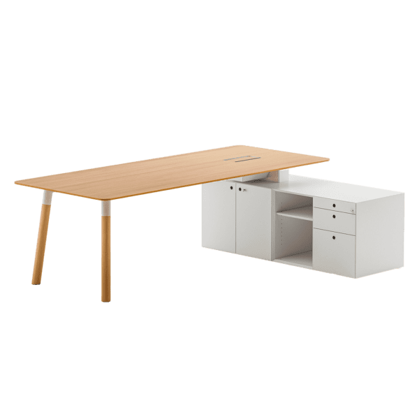 Bureau professionnel WOODS de la marque fantoni avec plateau en placage bois et châssis en acier